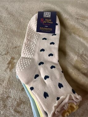 Women's Hold for Three Ruffle Grip Pilates Socks In Blue, Yellow & Cream NWT